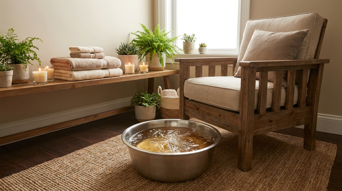 Ionic foot bath station with a wooden spa chair beside a stainless steel basin