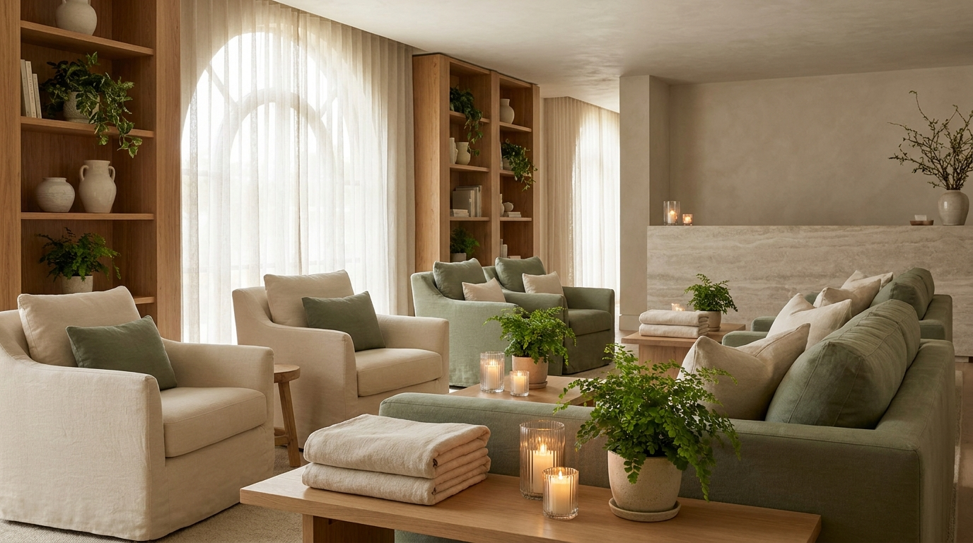 Warm, softly lit lounge area inside fhL Massage & Wellness with comfortable seating and calming decor