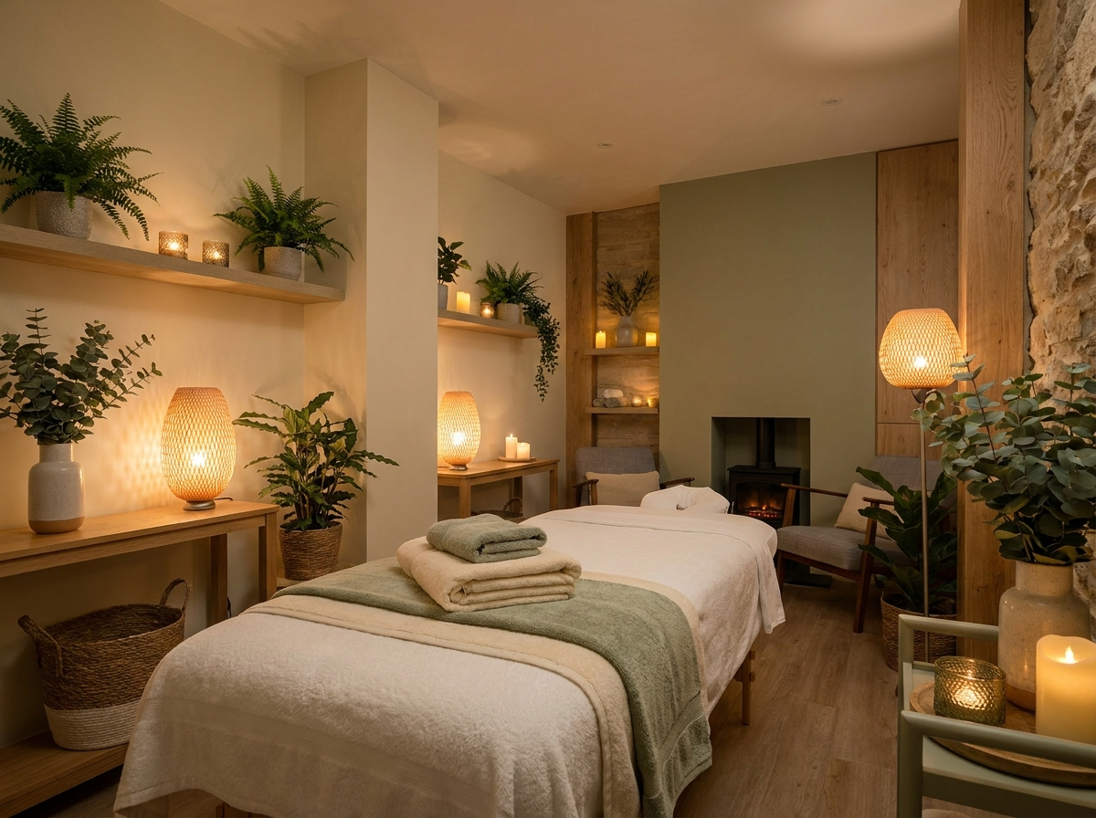Cozy massage treatment room at fhL Massage & Wellness with a linen-draped table and warm, dim lighting