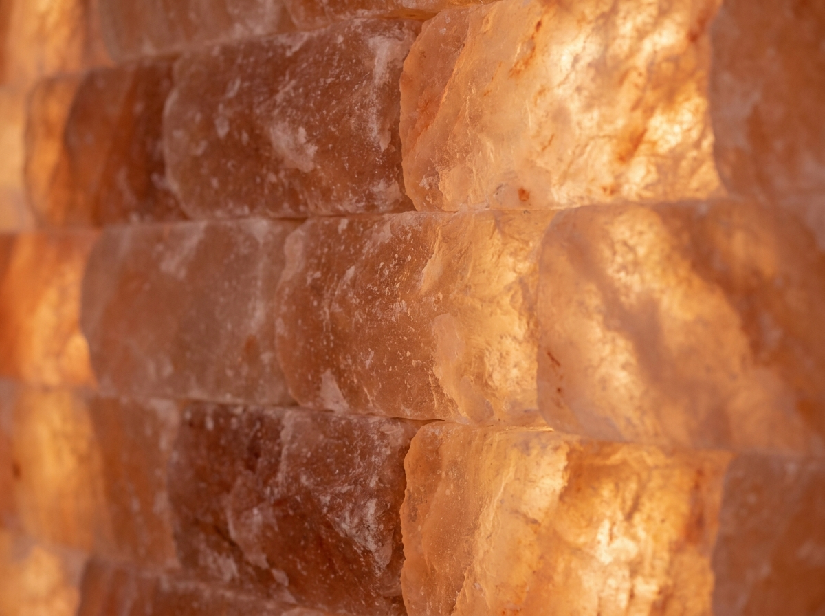 Close-up of textured pink Himalayan salt bricks glowing with warm amber backlighting inside the salt booth