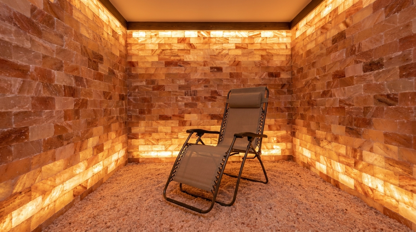 Interior of the halotherapy salt booth with pink Himalayan salt brick walls and warm ambient lighting